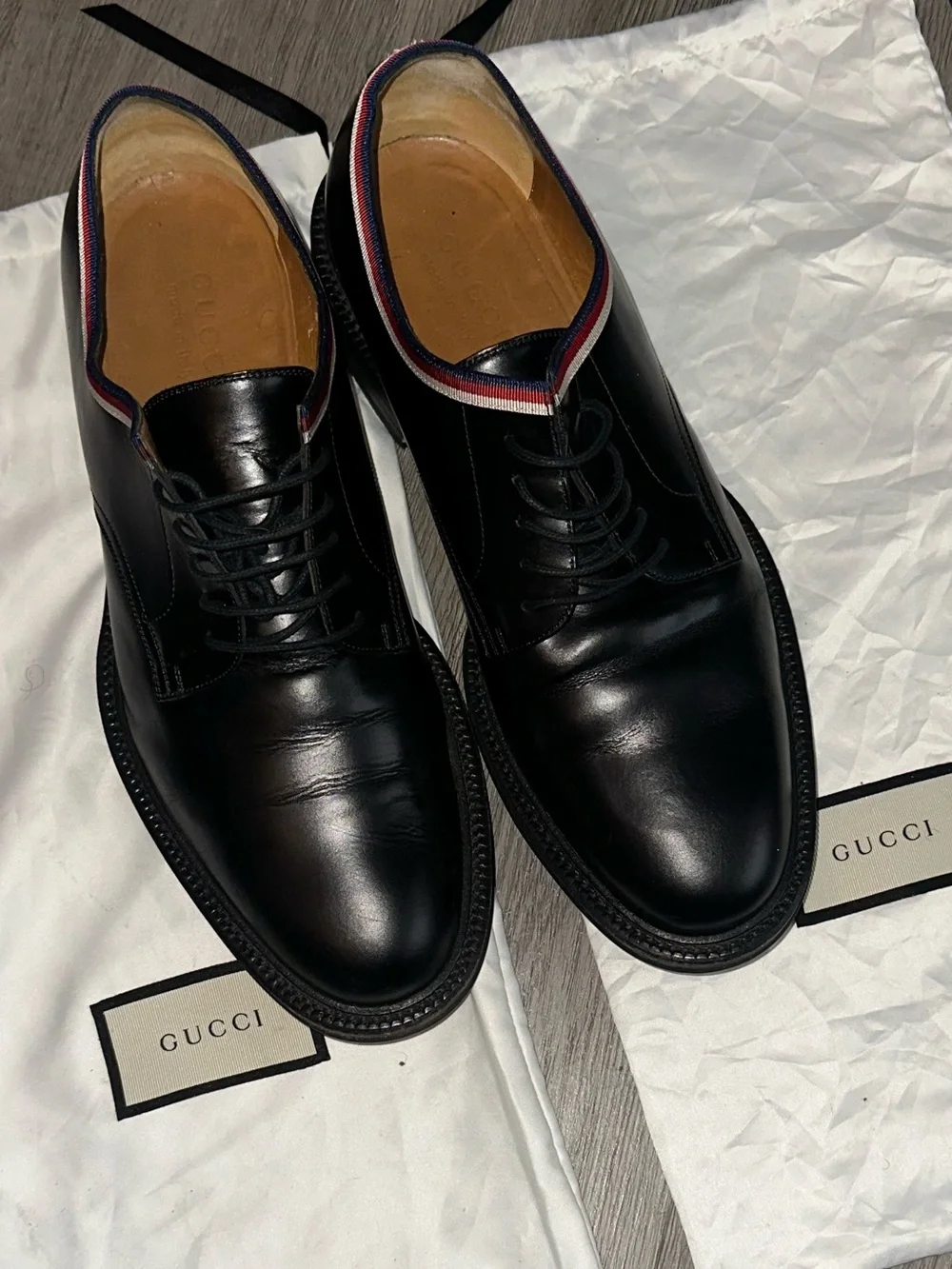 GUCCI Black Leather Navy Signature Web Lace-up Dress Shoes Size 10